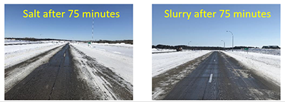 Photo from Camp Ripley showing the results of a materials test comparing rock salt and slurry. 